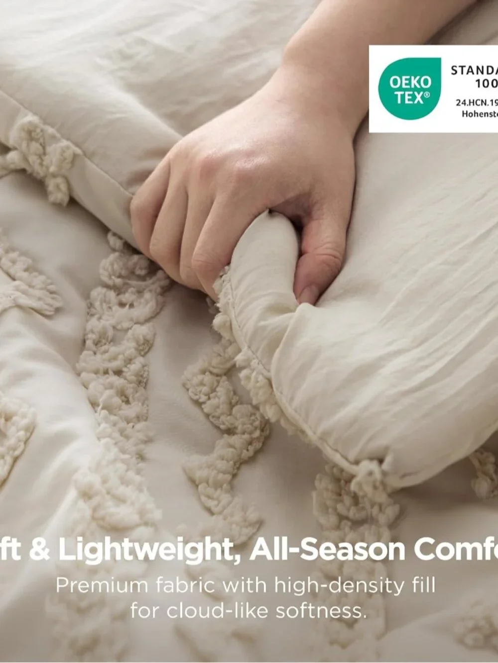 Tufted Boho Comforter Set King Size - Beige Boho Bed Set, GentleSoft 3 Pieces Fa